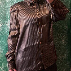 Vintage Chagall Gold Metallic Shimmer Black Vertical Striped Long Sleeve Blouse